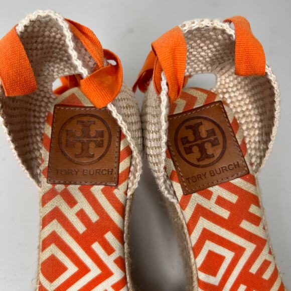 Tory Burch Orange Geometric Lace Up Espadrille Wedge Size 9 - Picture 7 of 11